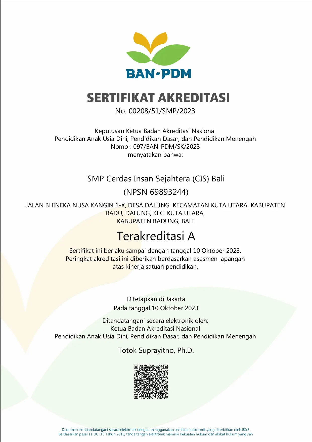 File Akreditasi SMP CIS Bali
