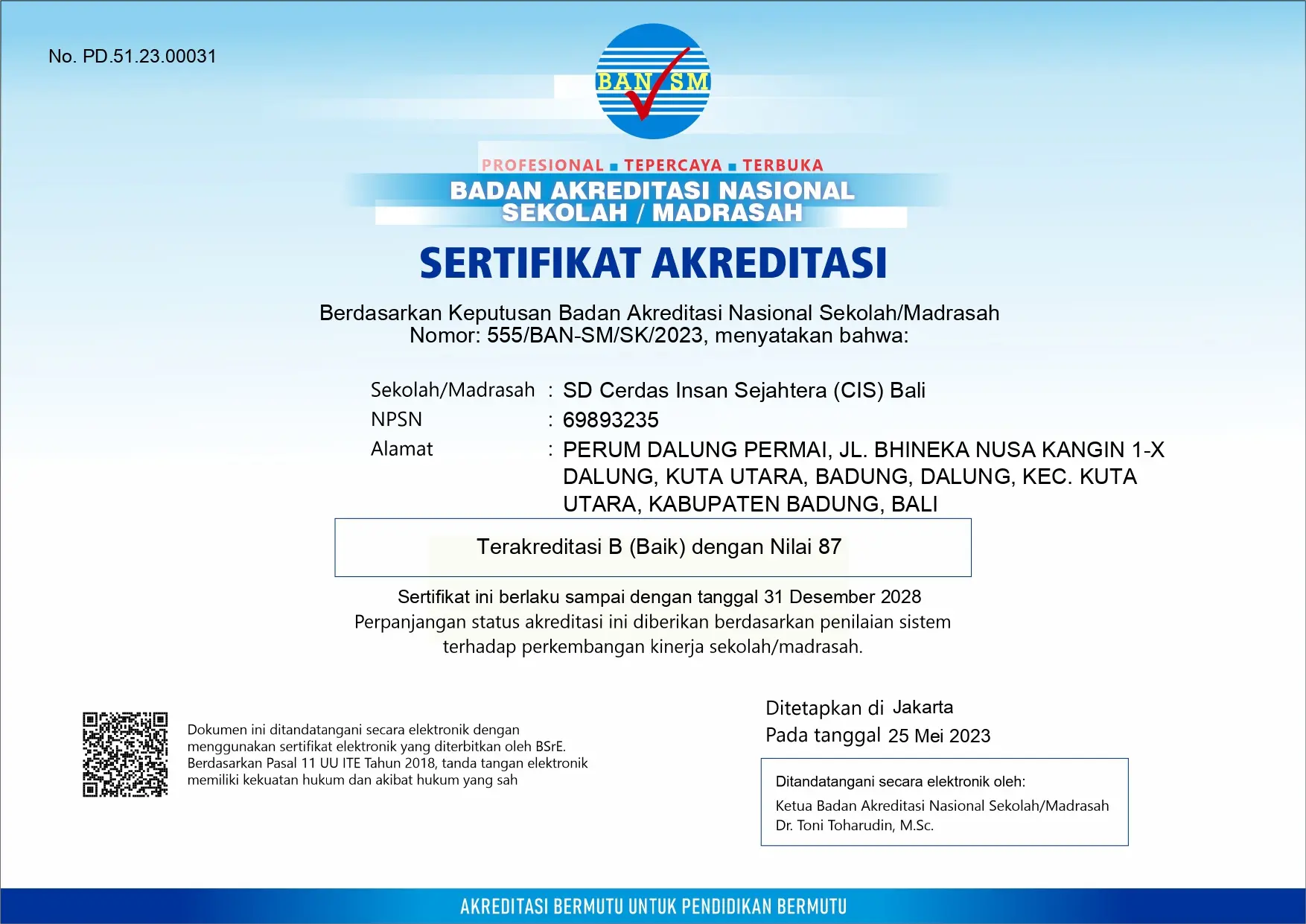 File Akreditasi SD CIS Bali